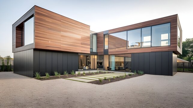 A modern luxury minimalist cubic house with wooden cladding and black panel walls. The house has a front yard with a landscaping design.