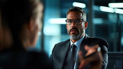 Obraz premium A professional man in a suit engages in a serious conversation in a modern office setting, showcasing leadership and focus.