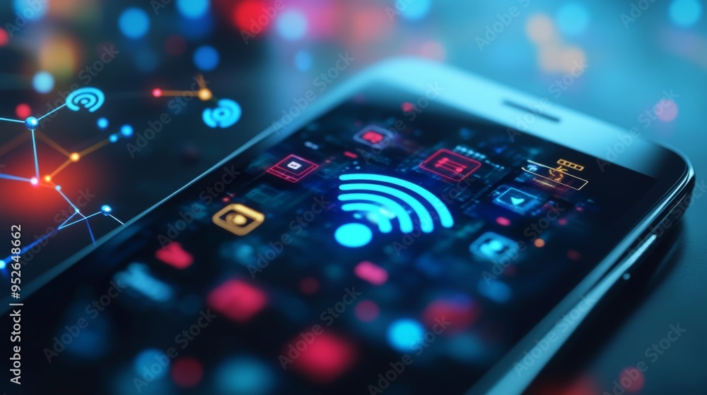 Poster close-up of a smartphone displaying a signal strength icon, with wireless connectivity symbols in th