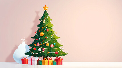 
Christmas background theme, illustration of a Christmas tree with balls and stars and empty space for text