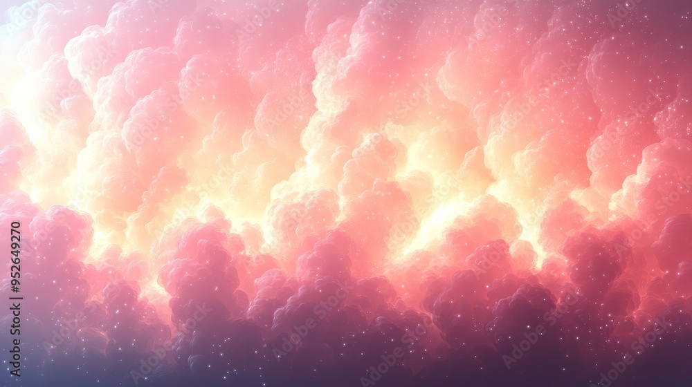 Poster soft hues of pink and orange swirl through the sky as clouds intertwine illuminating the horizon at 