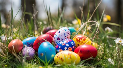 Colored easter eggs nestled in green grass on white background, vibrant holiday decor with springtime theme. Pastel-shaded eggs in fresh grass arrangement, ideal for easter celebration concepts, seaso