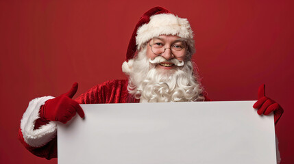 Santa claus with glasses holds a blank white board and points to it with his finger