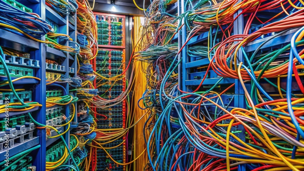 Poster a tangled mess of colorful network cables and wires overflowing from a crowded server room, symboliz