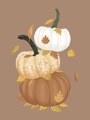 Pumpkins illustration with leaves on the brown background