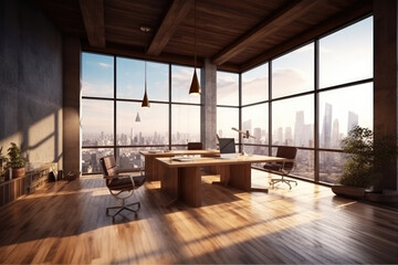 Fototapeta premium generated illustration of modern empty elegant office with windows and workplaces.