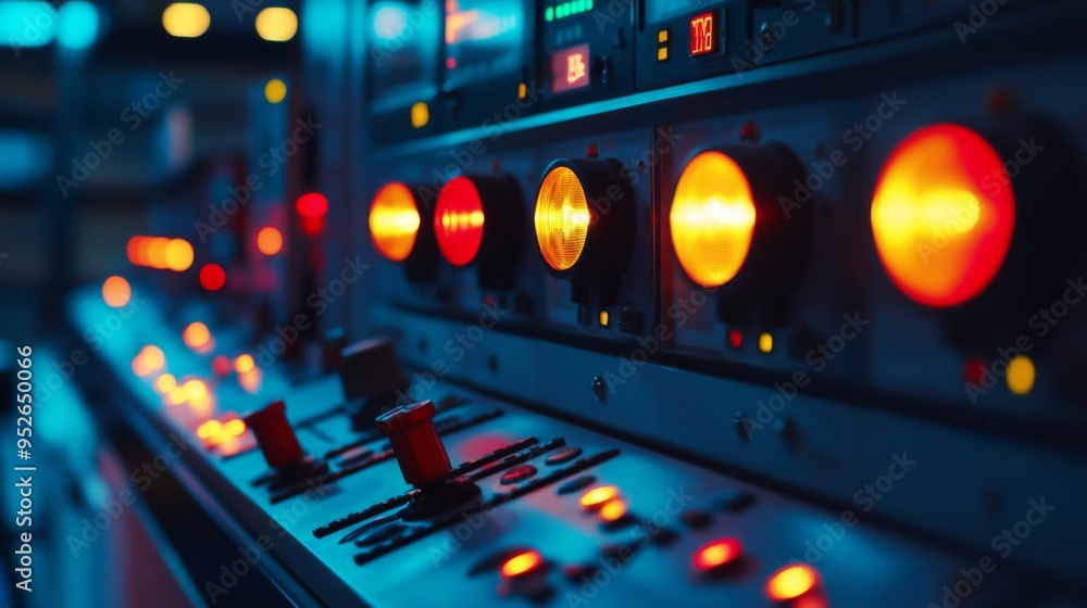 Aufkleber Close-up of a traffic light control panel with multiple signals, buttons, and switches, set in a control room or traffic management center.