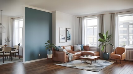 Fototapeta premium A modern apartments' interior. The living room has a blank blue wall, a sofa, a coffee table and a potted plant. The dining room has a table and chairs. 