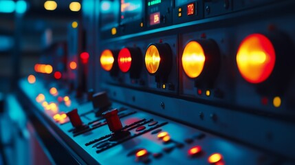 Close-up of a traffic light control panel with multiple signals, buttons, and switches, set in a control room or traffic management center.