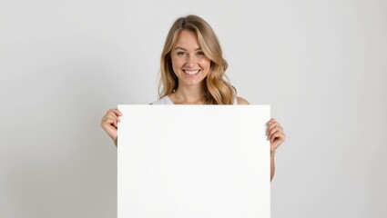 Fototapeta premium Smiling happy woman holding a blank signpost
