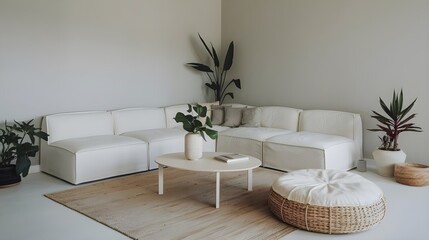A minimalist living room with a white corner sofa and a wicker and fabric pouf. The room has a beige area rug, a white coffee table and a few plants.