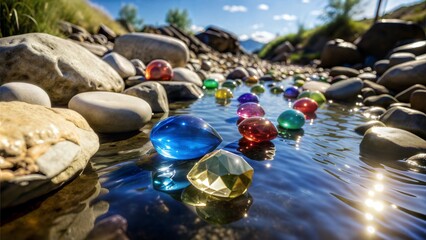  colorful gemstones are floating near a stream