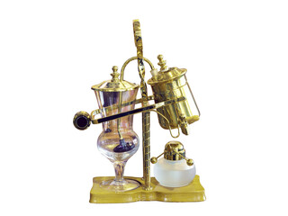 Closeup Shot of a Luxury 19th Century Royal Belgian Balance Siphon / Syphon Coffee Brewer.  Isolated on Transparent Background.
