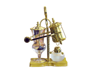 Closeup Shot of a Luxury 19th Century Royal Belgian Balance Siphon / Syphon Coffee Brewer.  Isolated on Transparent Background.