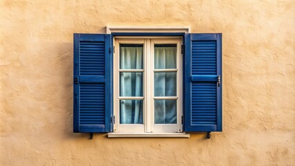 Fototapeta premium A white window with dark blue shutters stands isolated against a soft, creamy background, evoking a sense of serenity and rustic charm.