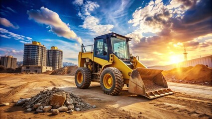 Obraz premium A yellow skid-steer loader with attachments operates on a construction site, surrounded by dirt, debris, and building materials, amidst a backdrop of sunny blue skies.