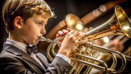 Obraz premium A young musician's fingers deftly navigate the valves as they blow into the shiny brass instrument, producing a rich, melodious sound that fills the air.
