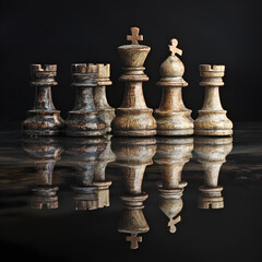 Wooden chess pieces on reflective surface, creating elegant visual contrast picture 