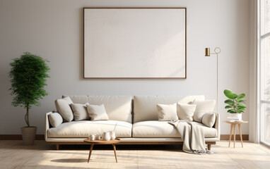 generated illustration of modern living room with gray sofa and blank white wall mockup.