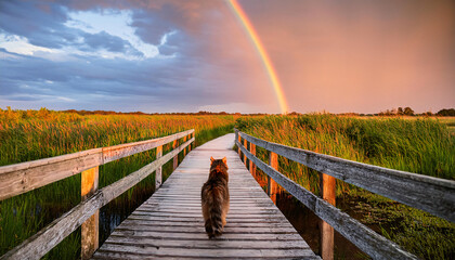 A beloved cat walks on the over the rainbow wooden bridge with wooden side rails over a body of water
