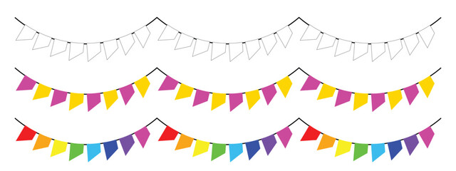 party flag decorations, available in white, two colors, and rainbow, birthday and anniversary celebrations. editable vector eps 10.