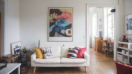 A Scandinavian-style living room with a white sofa and colorful pillows. There's a wall with a large art poster frame. The room has wooden floors and a few other pieces of furniture.