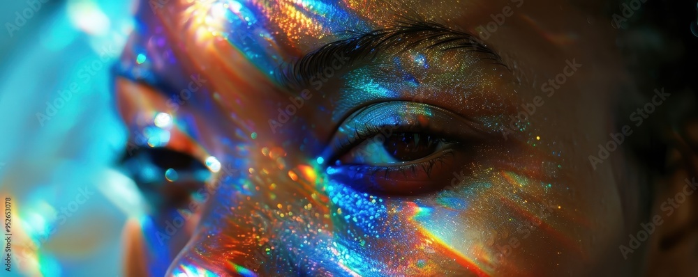 Poster close-up of a person's face with colorful light reflections creating a mesmerizing effect. eye-catch