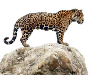 A majestic leopard stands on a rocky peak cut out transparent isolated PNG