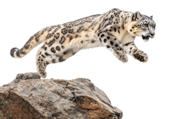 A majestic snow leopard mid-leap from a rocky ledge cut out transparent isolated PNG