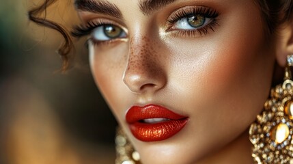 Close-up of a woman with vibrant makeup and bold lipstick, her face framed by elegant jewelry, capturing a glamorous and sophisticated look.
