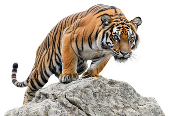 Obraz premium A majestic tiger standing on a rock, displaying its powerful and graceful stature cut out transparent isolated PNG
