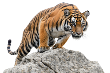 A majestic tiger standing on a rock, displaying its powerful and graceful stature cut out transparent isolated PNG