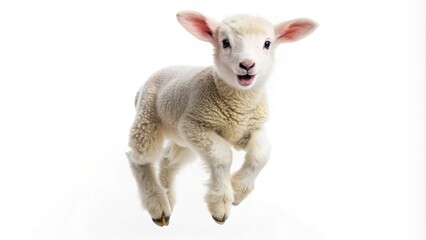 Adorable lamb in mid-air, jumping with joyful abandon, isolated on a pure white background, its fluffy coat and innocent eyes captivating the viewer's attention.