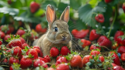 A cute brown rabbit sits in a patch of red ripe strawberries.