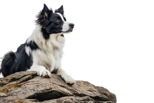 Black and white dog sitting on rocks, looking into the distance. Perfect for animal, pet, and outdoor themed content cut out transparent isolated PNG