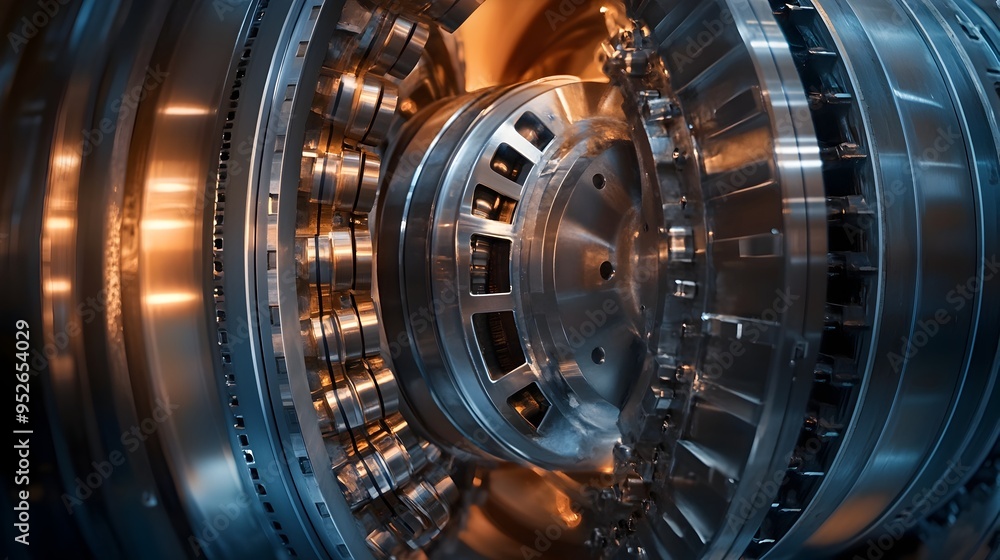 Aufkleber closeup view of the complex inner workings and intricate mechanics of a hydroelectric turbine with a