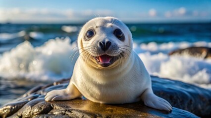 Naklejka premium Adorable white seal showcases its shiny teeth, small flippers, and big round eyes, posing on a rocky coastline with the ocean waves in the background.