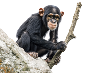 Chimpanzee sitting on a rock holding a stick cut out transparent isolated PNG