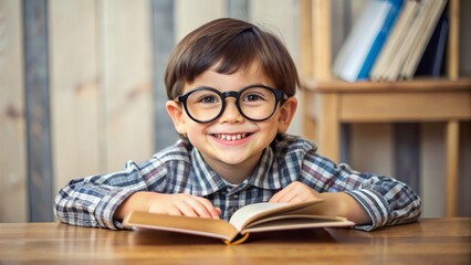 Adorable young boy with round glasses and a toothy smile, sitting at a desk with a book, looking curious and endearing in a sweet innocence.