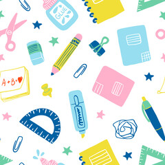 Cute school things, stationery seamless pattern. Office, school supplies repeat background. Notebook, pen, pencil, ruler, paper clip, glue, eraser, scissors, paper.