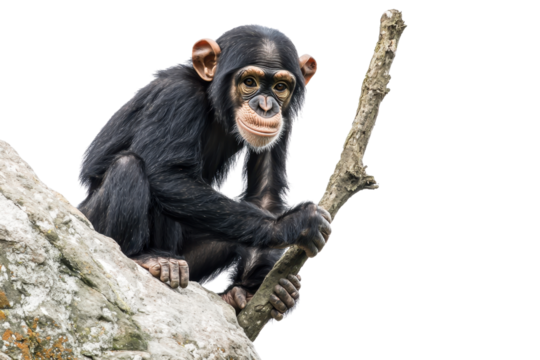 Chimpanzee sitting on a rock holding a stick cut out transparent isolated PNG