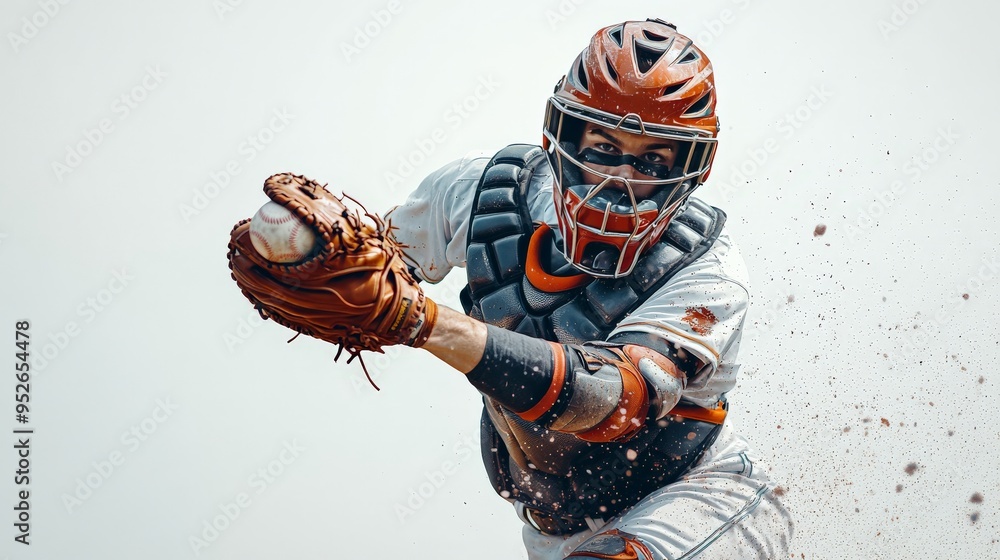 Poster the heart of the diamond: a baseball catcher explodes with power and grit, eyes locked on the target