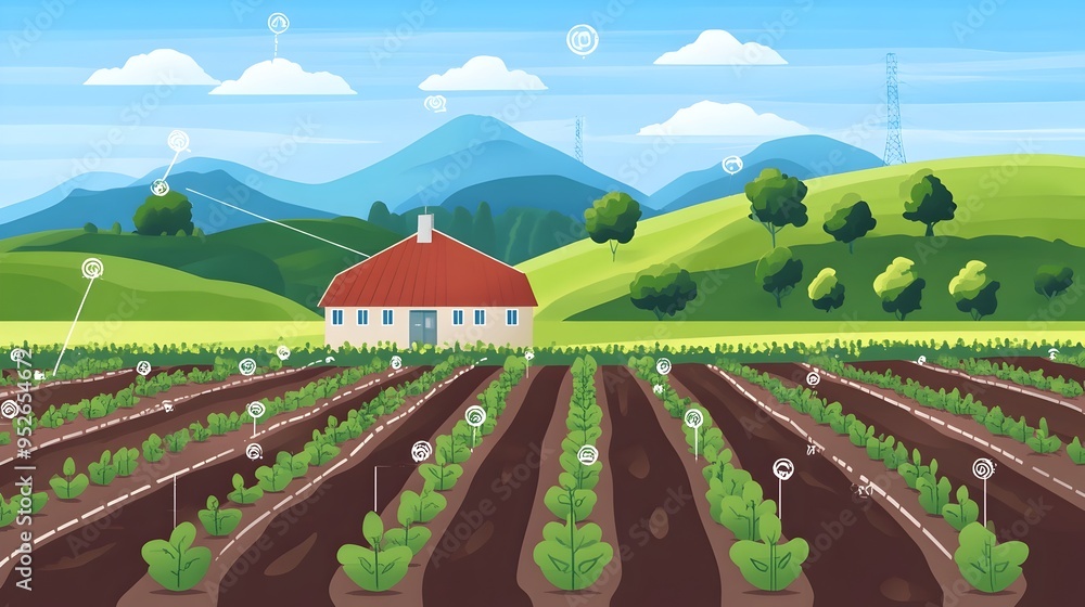 Aufkleber graphic depicting a smart farm with sensors monitoring soil moisture levels across a large green fie