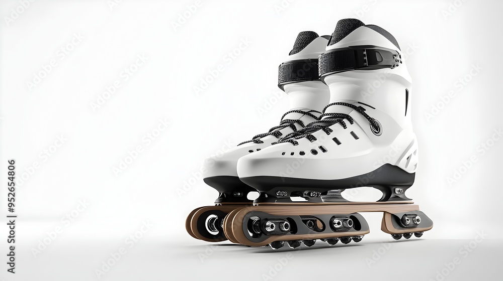Poster a pair of sleek and polished inline skates floating against a pristine white background