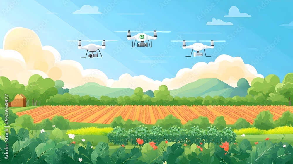 Poster of drones surveying and monitoring crops on a smart farm equipped with internet of things iot techno