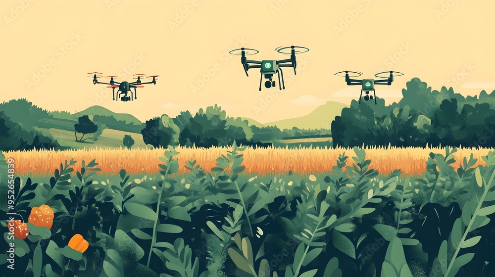 Poster drones surveying crops in a smart farm equipped with iot sensors and technology enabling precision a