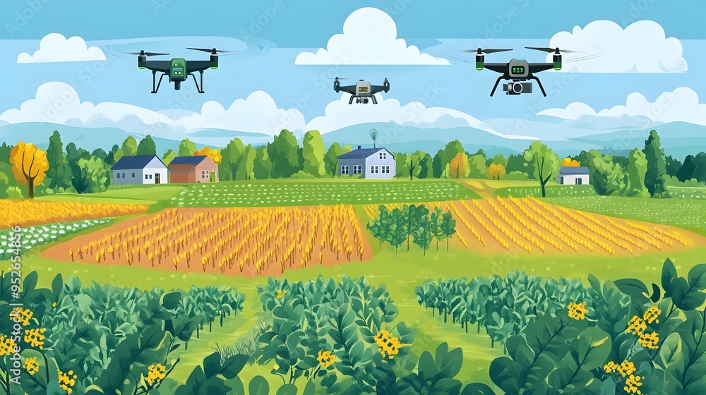 Poster drones surveying crops in a smart farm equipped with iot sensors and data analytics for precision ag