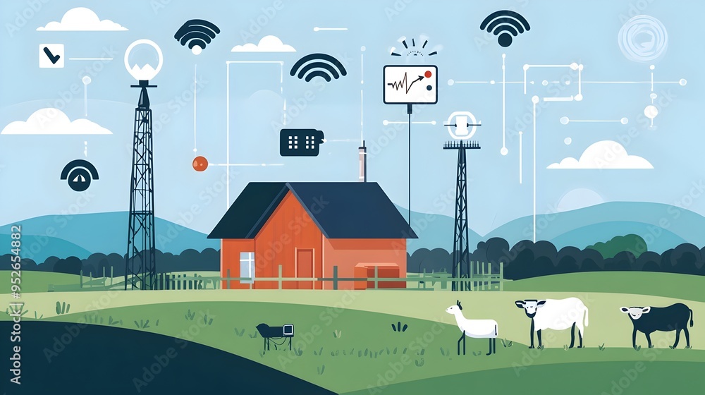 Aufkleber graphic depicting a weather station transmitting real time data to iot devices across a smart farm e