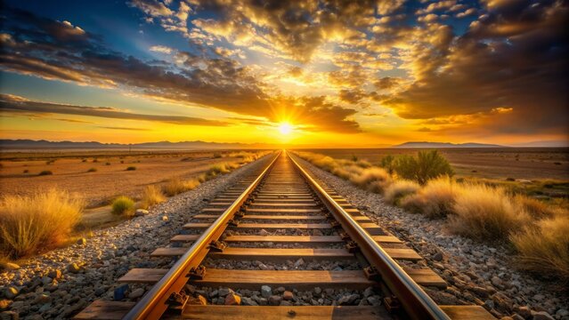 Aged railroad tracks stretch into the horizon, parallel lines fading into the warm, golden light of a serene western desert landscape at sunset.