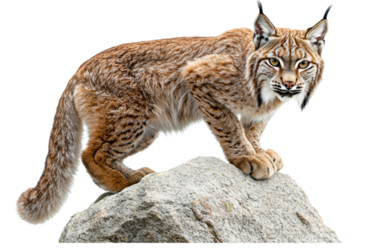 Majestic lynx standing on a large rock, showcasing its beautiful fur and alert expression against a transparent background.